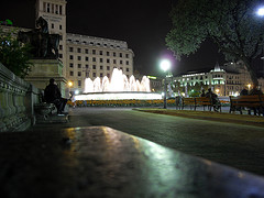Fountain in Plaza Catalunya at night, Barcelona, Spain