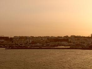 Sunset view leaving Tangier, Morocco by boat